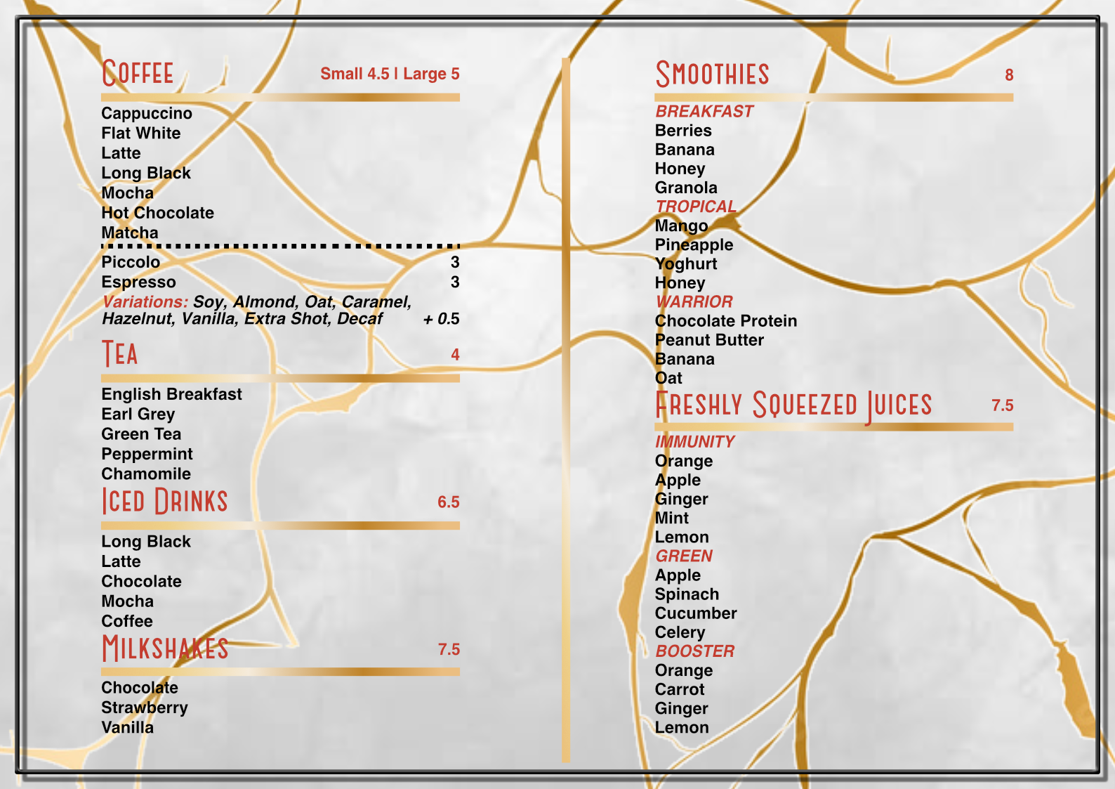 Beverages menu